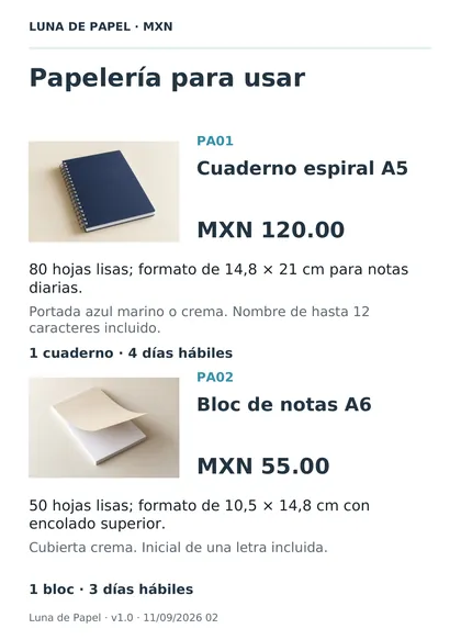 Página del catálogo de ejemplo con productos y precios