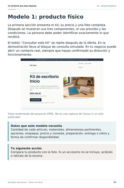 Página con un modelo de página de ventas para producto físico